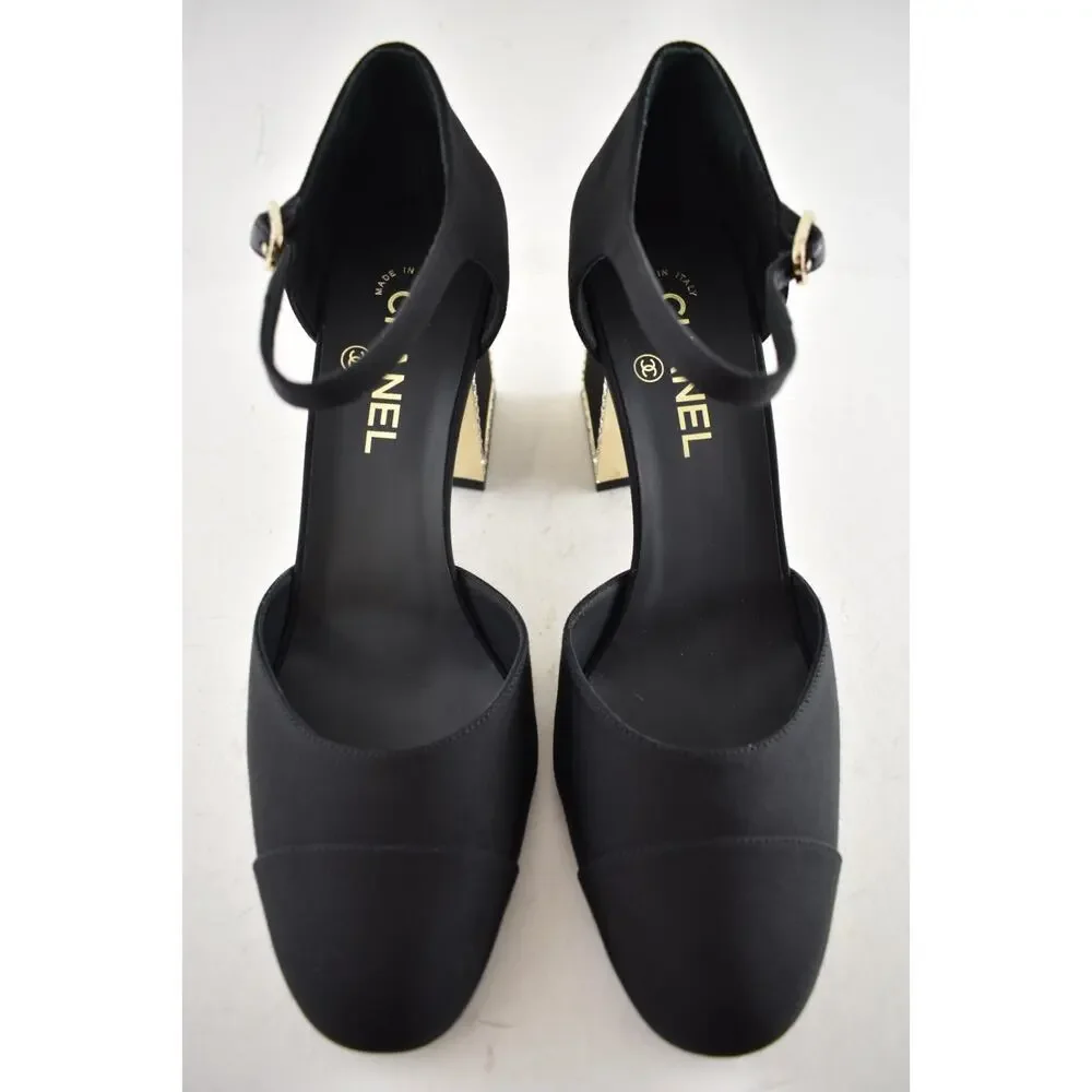 Chanel 24B Black Crystal CC Logo Gold Mary Jane Ankle Strap Block Heel Pumps 40 - Picture 9 of 16